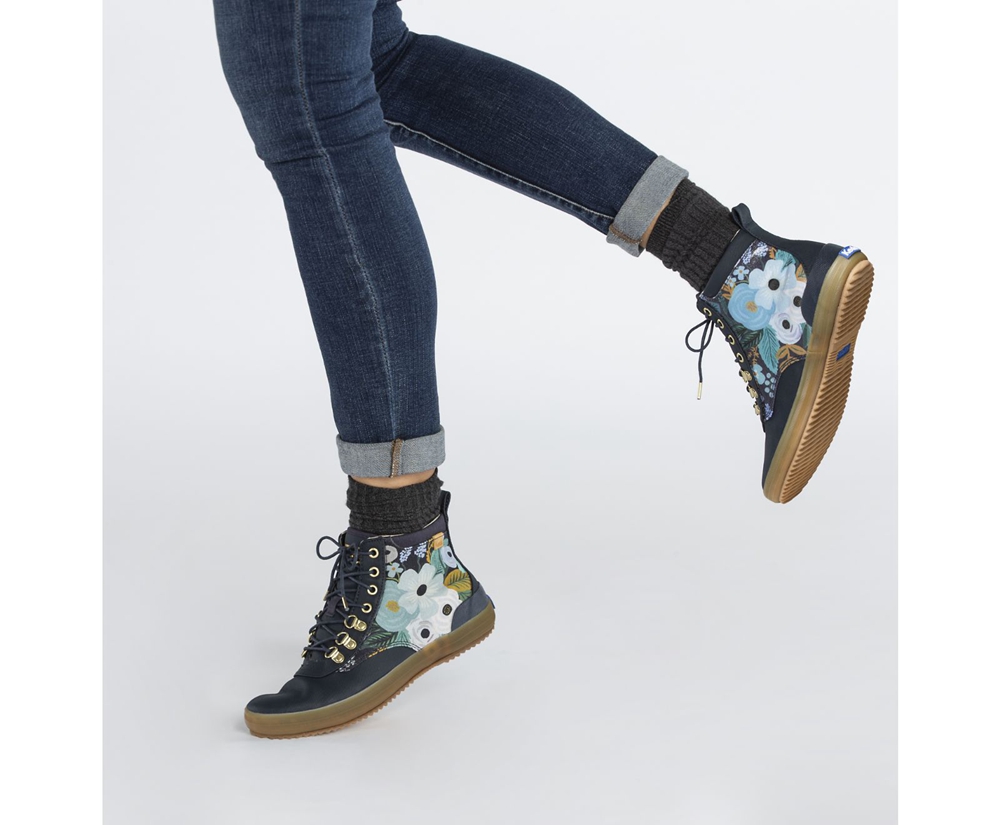 Womens Keds Boots - Rifle Paper Co. Scout Water-Resistant Garden Party - Navy - 5402-UIGXJ